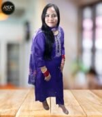 Traditional Purple Embroidered Kurti Set with Floral Dupatta, Cotton Salwar Suit with Silver Work