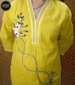 Yellow Cotton Embroidered Kurta Pant Set, V-Neck with White Pom-Pom Trim, Floral Design