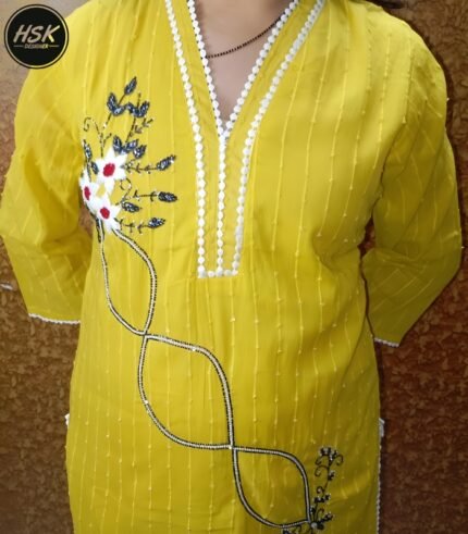 Yellow Cotton Embroidered Kurta Pant Set, V-Neck with White Pom-Pom Trim, Floral Design