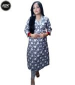 Women's Floral Print Kurti Set with Palazzo, Grey and White, Traditional Indian Ethnic Wear