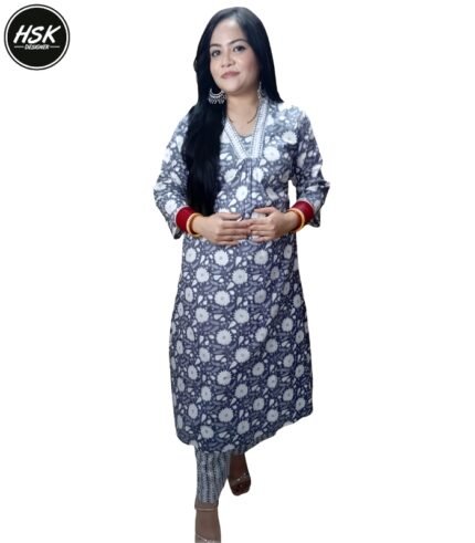 Women's Floral Print Kurti Set with Palazzo, Grey and White, Traditional Indian Ethnic Wear