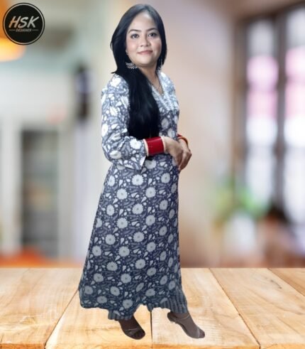 Women's Floral Print Kurti Set with Palazzo, Grey and White, Traditional Indian Ethnic Wear