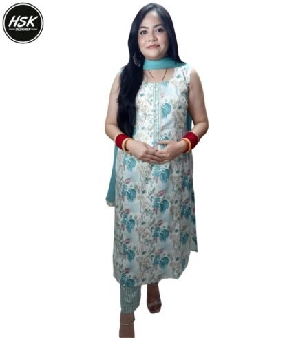 Elevate your ethnic wardrobe with this stunning three-piece kurti set featuring a mesmerising tropical floral print in serene turquoise and white hues. The sleeveless kurti showcases an exquisite design with delicate golden embellishments along the centre panel, complemented by decorative buttons and intricate detailing. The matching pants feature a coordinated turquoise pattern, while the solid turquoise dupatta completes the ensemble perfectly. The cotton fabric ensures comfort and breathability, making it ideal for various occasions. The kurti's sophisticated neckline is enhanced with a decorative trim, and the overall silhouette offers a flattering fit. This versatile set can be styled with traditional jewellery for festivities or worn with minimal accessories for a contemporary look. The combination of classic design elements with modern aesthetics makes this outfit a must-have addition to your wardrobe.