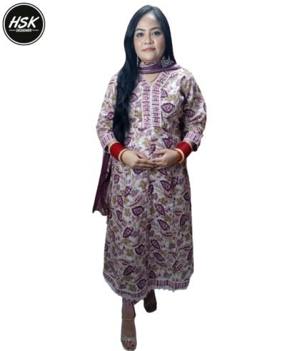 Women's Cotton Kurti Set, Floral Print with Purple Embellished Neckline, Traditional Indian Dress