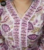Women's Cotton Kurti Set, Floral Print with Purple Embellished Neckline, Traditional Indian Dress