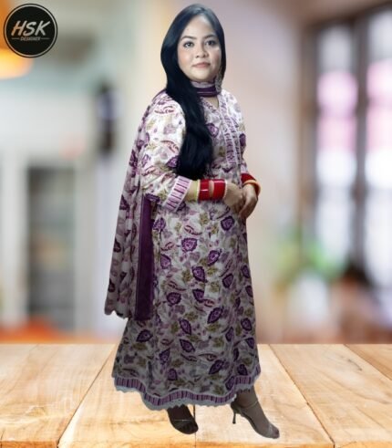 Women's Cotton Kurti Set, Floral Print with Purple Embellished Neckline, Traditional Indian Dress