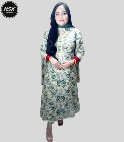 Designer Floral Print Kurti Set with Palazzo and Dupatta, Green and White, Embellished V-Neck