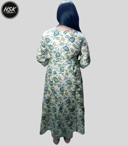 Designer Floral Print Kurti Set with Palazzo and Dupatta, Green and White, Embellished V-Neck