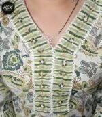 Designer Floral Print Kurti Set with Palazzo and Dupatta, Green and White, Embellished V-Neck