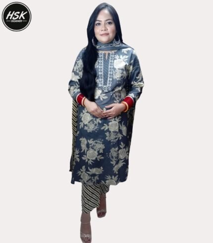 Floral Print Kurti Set with Striped Palazzo, Grey and White, Traditional Embroidered Neckline