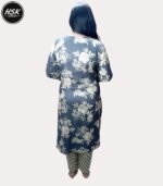 Floral Print Kurti Set with Striped Palazzo, Grey and White, Traditional Embroidered Neckline