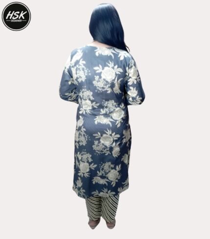 Floral Print Kurti Set with Striped Palazzo, Grey and White, Traditional Embroidered Neckline