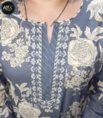 Floral Print Kurti Set with Striped Palazzo, Grey and White, Traditional Embroidered Neckline