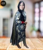 Floral Print Kurti Set with Striped Palazzo, Grey and White, Traditional Embroidered Neckline