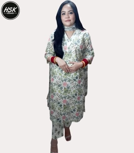 Women's Floral Print Cotton Salwar Kameez Set with Dupatta, White and Pink, Traditional Indian Ethnic Wear
