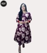 Floral Print Anarkali Kurti Set, Purple and White, Long Length, V-Neck with Embellished Border