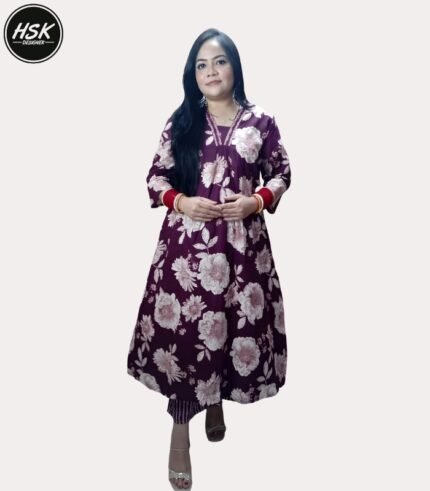 Floral Print Anarkali Kurti Set, Purple and White, Long Length, V-Neck with Embellished Border