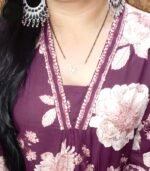 Floral Print Anarkali Kurti Set, Purple and White, Long Length, V-Neck with Embellished Border