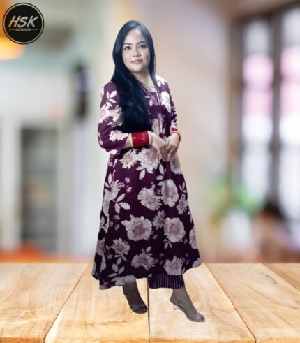 Floral Print Anarkali Kurti Set, Purple and White, Long Length, V-Neck with Embellished Border