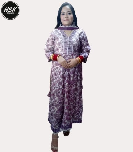 Women's Purple Floral Print Cotton Kurti Set with Lace Detail, Traditional Ethnic Wear with Dupatta