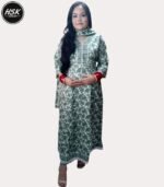 Elevate your ethnic wardrobe with this stunning full-length kurti dress in a sophisticated green and white floral print. The dress features exquisite white lace detailing along the V-neckline, creating an elegant contrast against the verdant floral pattern. The full-length silhouette offers graceful movement, while the long sleeves with gathered cuffs add a touch of vintage charm. The traditional design is beautifully modernised with intricate geometric patterns adorning the neckline and hem. Crafted with attention to detail, this kurti dress combines comfort with style, making it perfect for festive occasions or formal events. The white base with sage green floral motifs creates a fresh, timeless appeal. The dress includes delicate embellishments and can be paired with matching bottoms for a complete ensemble. The flowing silhouette ensures comfort throughout the day while maintaining a sophisticated appearance.