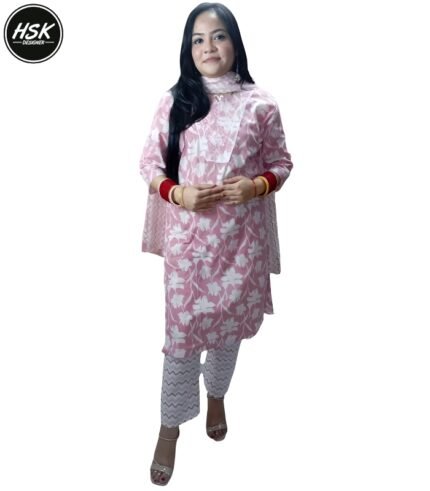 Women's Pink Floral Cotton Salwar Kameez Set with Embellished Yoke, Chevron Print Pants