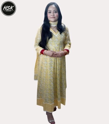 Women's Yellow Floral Anarkali Kurti Set with Red Cuffs, V-Neck Long Maxi Dress with Dupatta