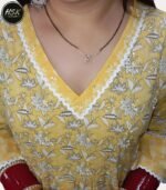 Women's Yellow Floral Anarkali Kurti Set with Red Cuffs, V-Neck Long Maxi Dress with Dupatta