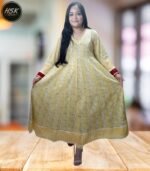 Women's Yellow Floral Anarkali Kurti Set with Red Cuffs, V-Neck Long Maxi Dress with Dupatta