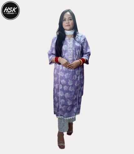 Women's Floral Print Cotton Kurti Set with Dupatta, Purple and White, Embroidered Neckline, 3/4 Sleeve