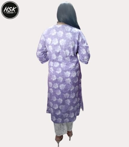 Women's Floral Print Cotton Kurti Set with Dupatta, Purple and White, Embroidered Neckline, 3/4 Sleeve