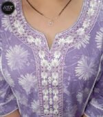 Women's Floral Print Cotton Kurti Set with Dupatta, Purple and White, Embroidered Neckline, 3/4 Sleeve