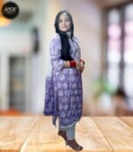 Women's Floral Print Cotton Kurti Set with Dupatta, Purple and White, Embroidered Neckline, 3/4 Sleeve