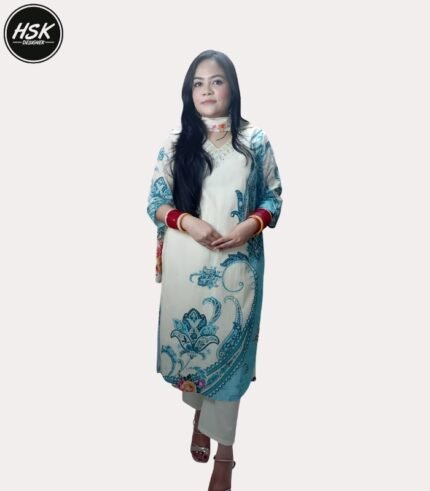 Women's Embellished Floral Kurti Set, White with Blue Paisley Print, V-Neck with Embroidered Neckline