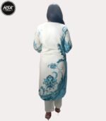 Women's Embellished Floral Kurti Set, White with Blue Paisley Print, V-Neck with Embroidered Neckline