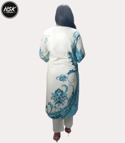 Women's Embellished Floral Kurti Set, White with Blue Paisley Print, V-Neck with Embroidered Neckline