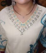 Women's Embellished Floral Kurti Set, White with Blue Paisley Print, V-Neck with Embroidered Neckline