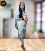 Women's Embellished Floral Kurti Set, White with Blue Paisley Print, V-Neck with Embroidered Neckline