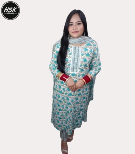 Women's Floral Print Cotton Kurti Set with Dupatta, Turquoise and White, Embroidered Neckline