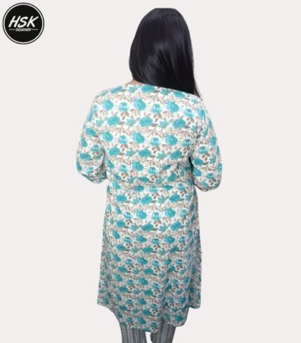 Women's Floral Print Cotton Kurti Set with Dupatta, Turquoise and White, Embroidered Neckline