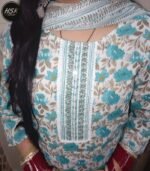 Women's Floral Print Cotton Kurti Set with Dupatta, Turquoise and White, Embroidered Neckline