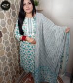 Women's Floral Print Cotton Kurti Set with Dupatta, Turquoise and White, Embroidered Neckline