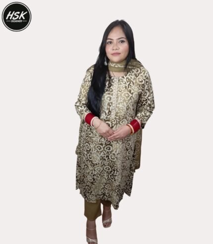 Traditional Batik Print Kurti Set with Dupatta, Olive Green and White, Embellished Neckline, Cotton Blend