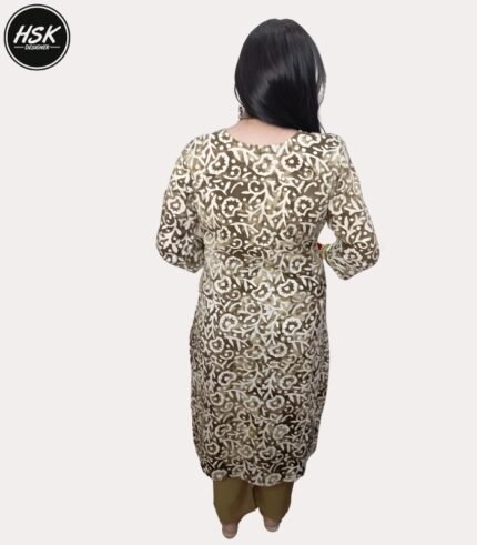 Traditional Batik Print Kurti Set with Dupatta, Olive Green and White, Embellished Neckline, Cotton Blend