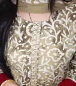 Traditional Batik Print Kurti Set with Dupatta, Olive Green and White, Embellished Neckline, Cotton Blend