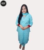 Traditional Cotton Kurti with Embroidered V-Neck, Turquoise Blue Damask Print, 3/4 Sleeves