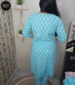 Traditional Cotton Kurti with Embroidered V-Neck, Turquoise Blue Damask Print, 3/4 Sleeves