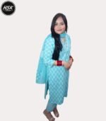 Traditional Cotton Kurti with Embroidered V-Neck, Turquoise Blue Damask Print, 3/4 Sleeves