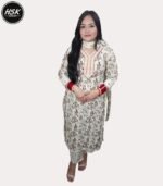 Traditional Floral Print Cotton Kurti Set with Embroidered Neckline, White and Brown, Churidar Pants with Dupatta