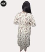 Traditional Floral Print Cotton Kurti Set with Embroidered Neckline, White and Brown, Churidar Pants with Dupatta